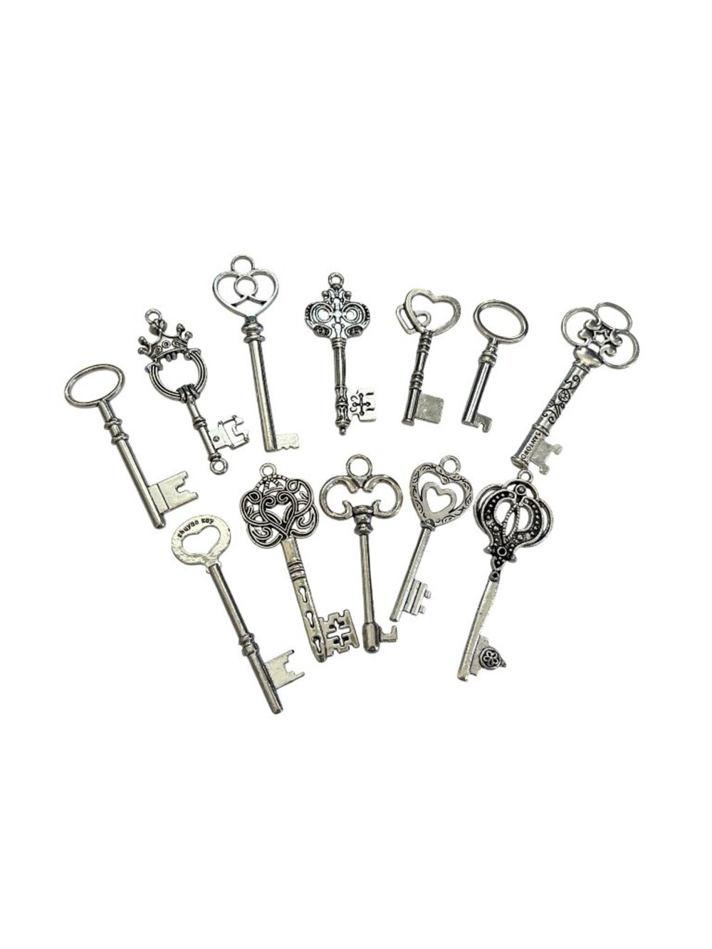 Steampunk Skeleton Key Charms Set Of 12 Assorted Design 1.5-3" Crafts Silver